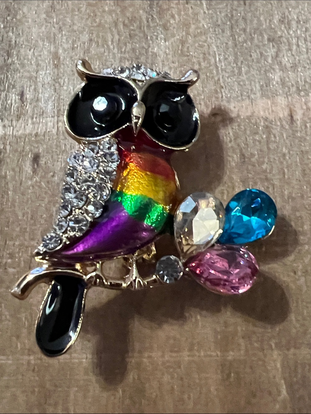 3/$18 Colorful Rainbow Owl Brooch Pin with Multicolor Crystals Lot 418